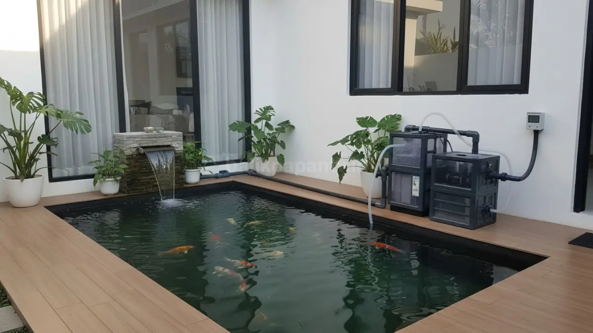 Detail sistem pompa dan filter pada kolam ikan rumah
