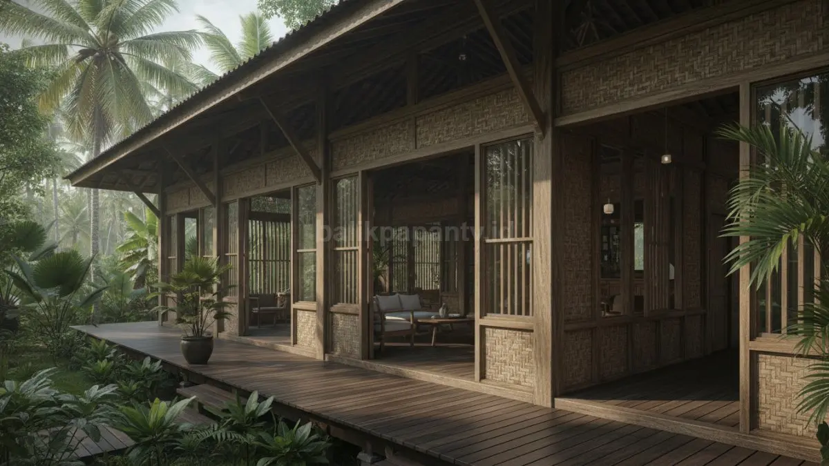 Dinding dan interior rumah menggunakan material kayu dan bambu alami, terlihat tekstur bahan yang membantu mengurangi penyerapan panas sehingga suhu ruangan terasa lebih sejuk dan cepat menyesuaikan dengan lingkungan sekitar