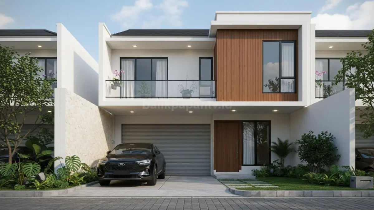 Garasi rumah modern dengan desain minimalis dan kanopi baja ringan terlihat rapi dan menyatu dengan fasad hunian