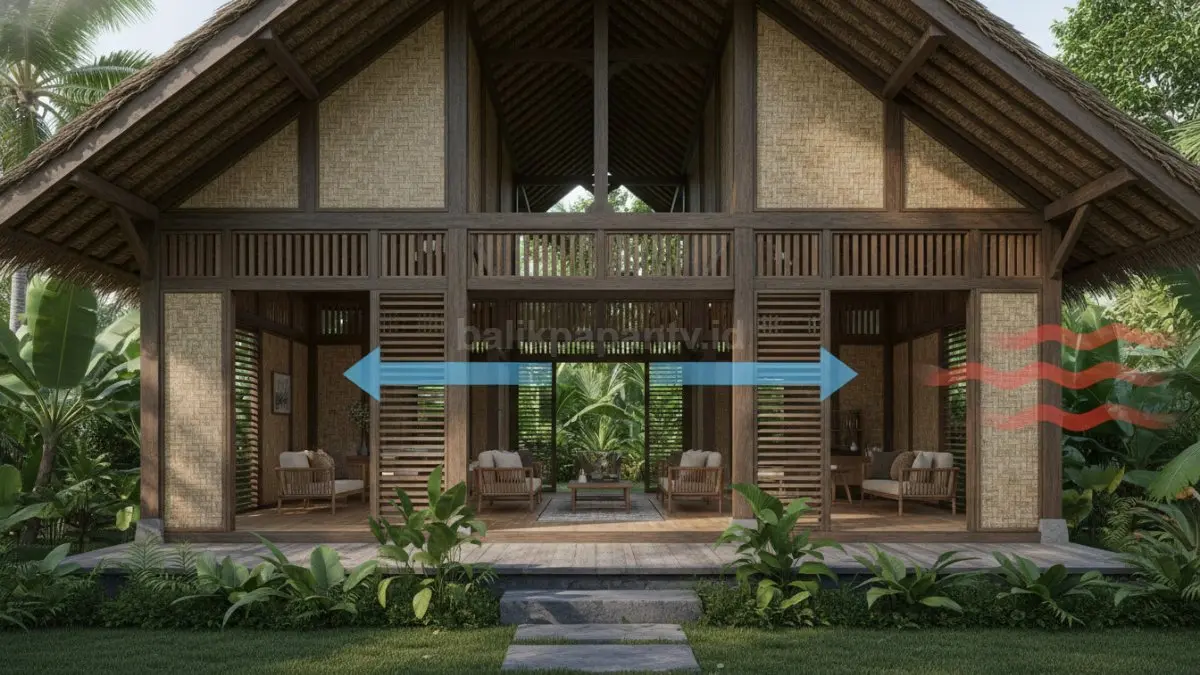 Ilustrasi ventilasi silang alami pada rumah dengan jendela di dua sisi berlawanan, menunjukkan aliran udara masuk dan keluar sehingga udara panas tergantikan udara segar tanpa bantuan alat