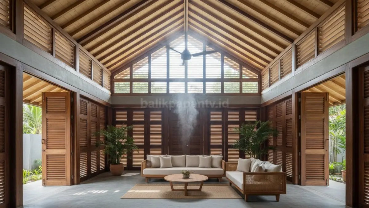Interior rumah dengan plafon tinggi dan ruang udara di bagian atas, memperlihatkan udara panas naik ke atas sehingga area bawah tetap terasa lebih sejuk dan nyaman untuk aktivitas sehari-hari