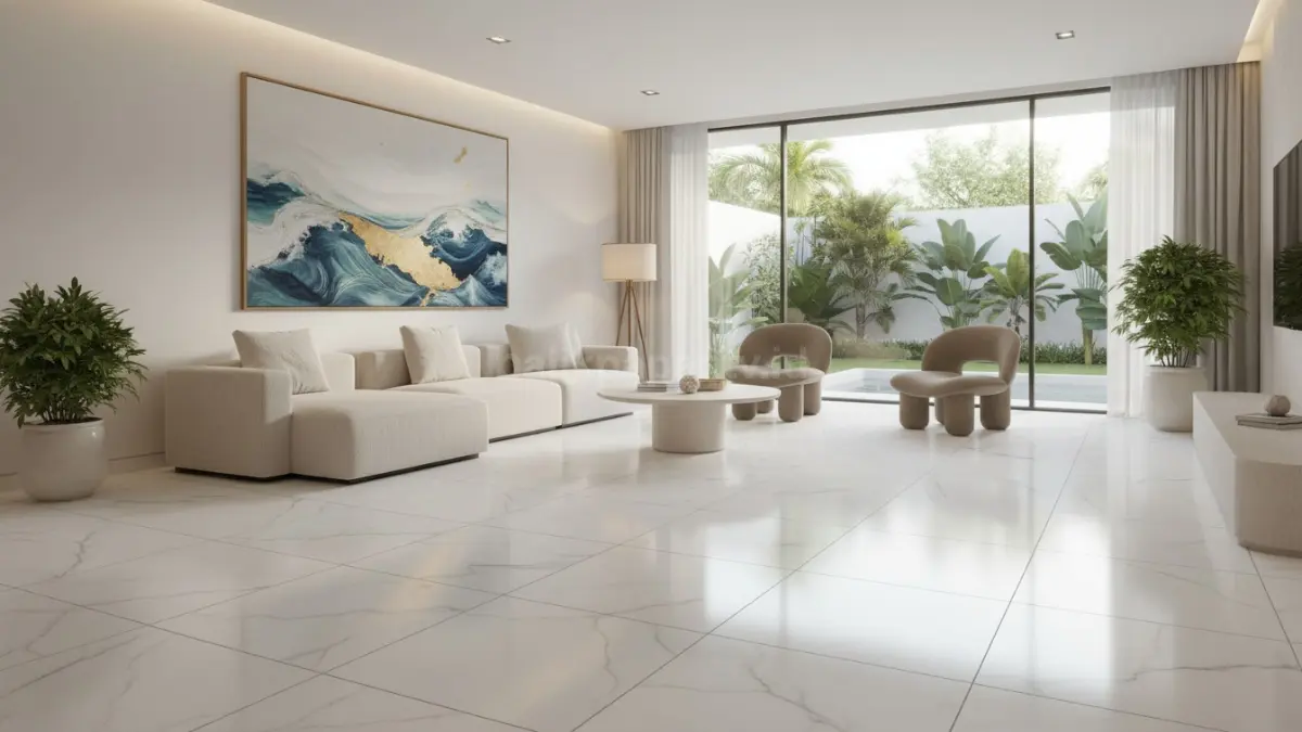 Keramik lantai motif marbel putih elegan di ruang tamu modern minimalis
