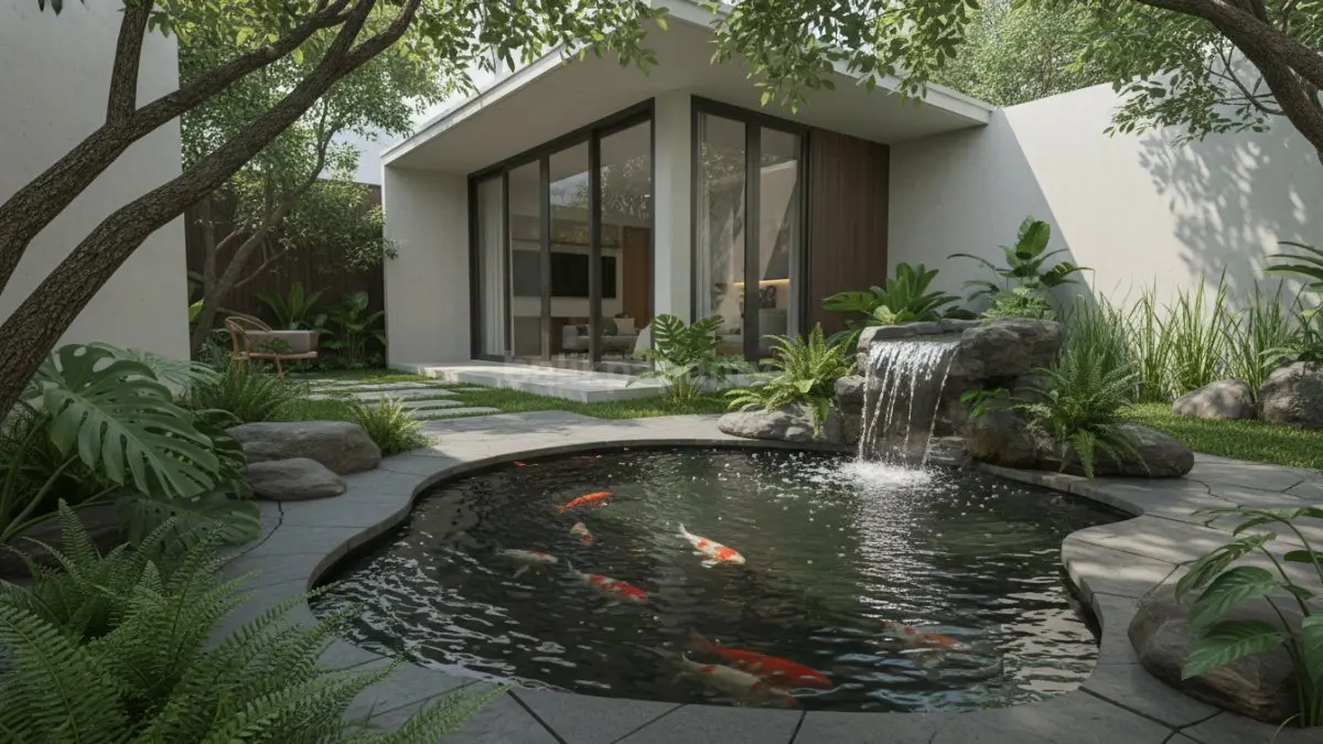 Kolam ikan dengan air terjun mini di taman rumah yang terlihat segar dan alami
