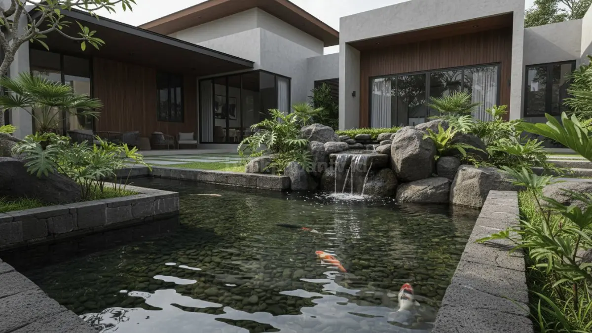 Kolam ikan minimalis dengan batu alam dan air terjun kecil yang menenangkan
