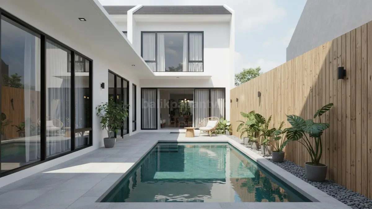 Kolam renang 3x4 meter minimalis di halaman rumah kecil, tampak rapi dan modern
