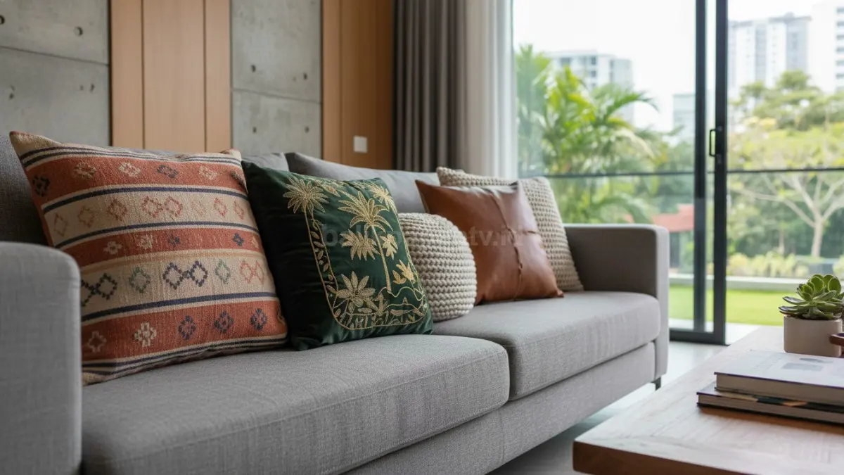 Kombinasi bantal dengan tekstur berbeda menciptakan dimensi visual menarik
