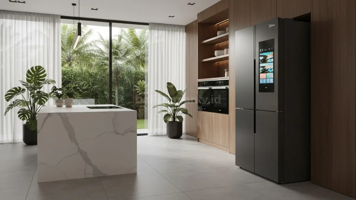 Kulkas Midea hitam elegan dengan panel digital di dapur modern.