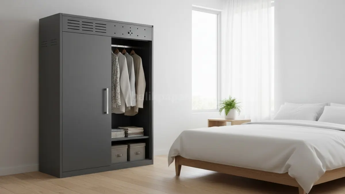 Lemari besi anti jamur modern di kamar minimalis, solusi penyimpanan saat musim hujan