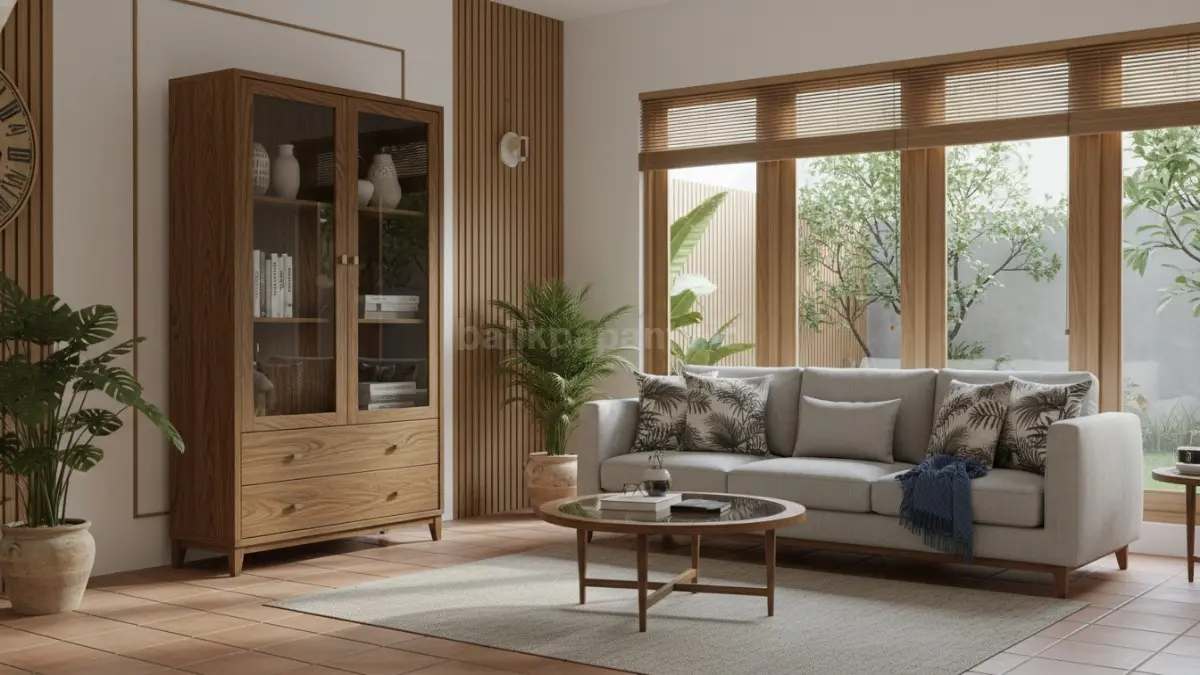 Lemari hias minimalis modern membuat ruang tamu terlihat elegan dan rapi