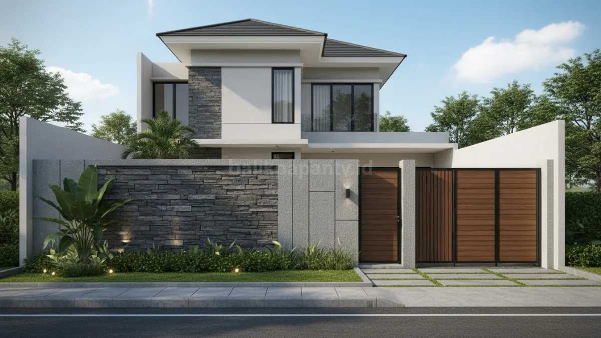 Pagar full beton dengan aksen tekstur