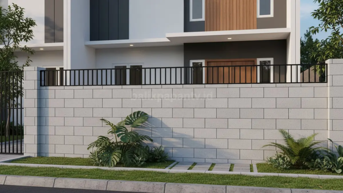 Pagar hebel minimalis modern dengan finishing cat abu-abu elegan