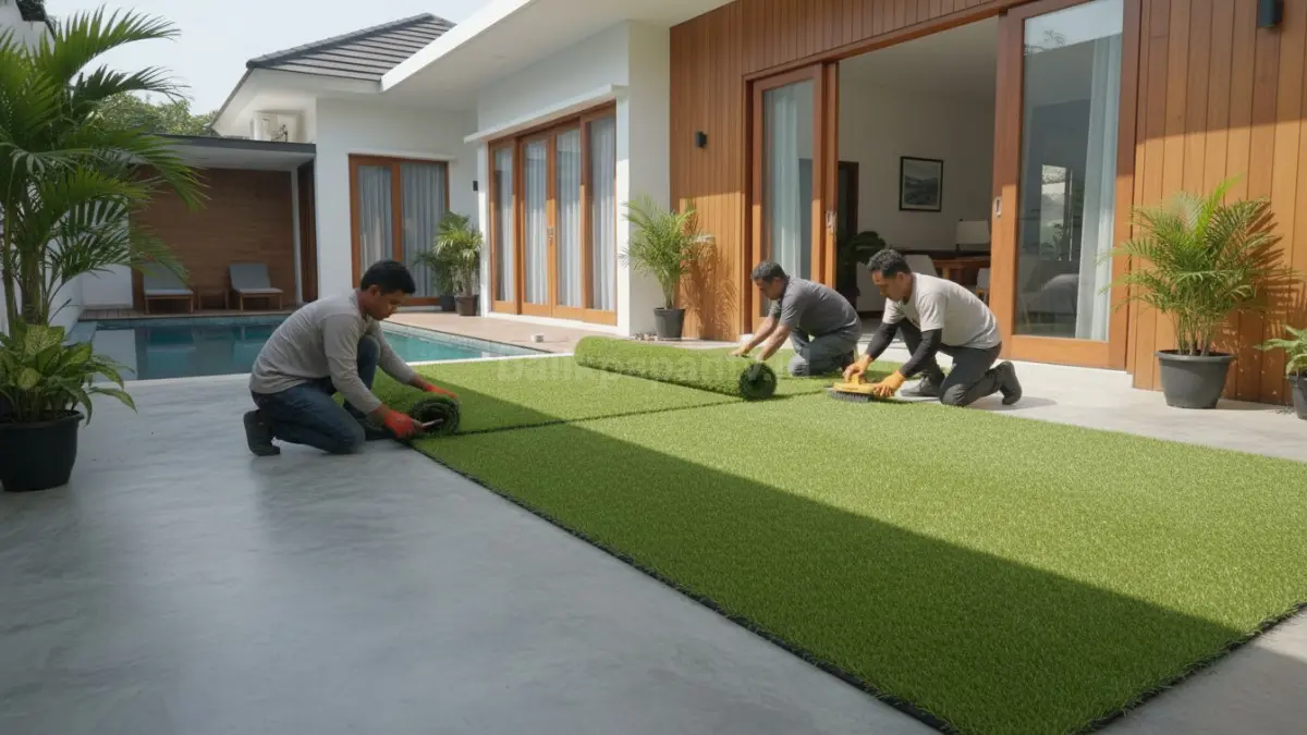 Pemasangan rumput sintetis di lantai beton teras rumah
