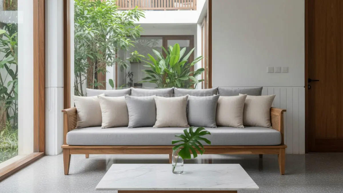 Penataan bantal simetris di sofa minimalis untuk tampilan bersih
