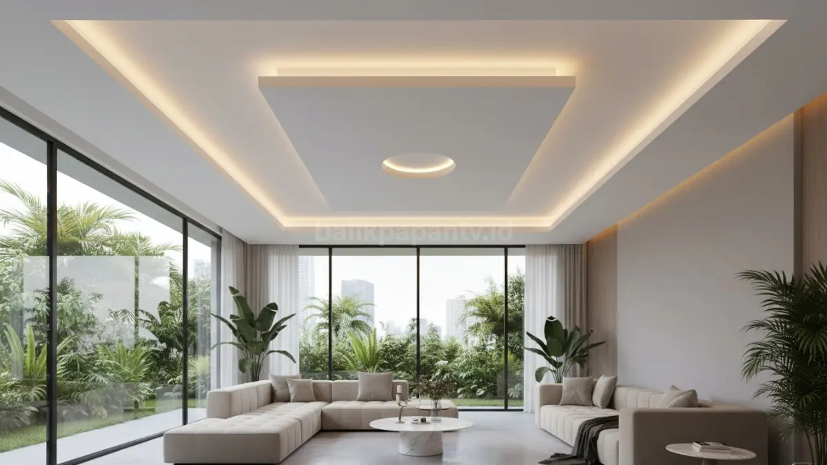 Plafon elegan dengan lampu tersembunyi di ruang tamu modern