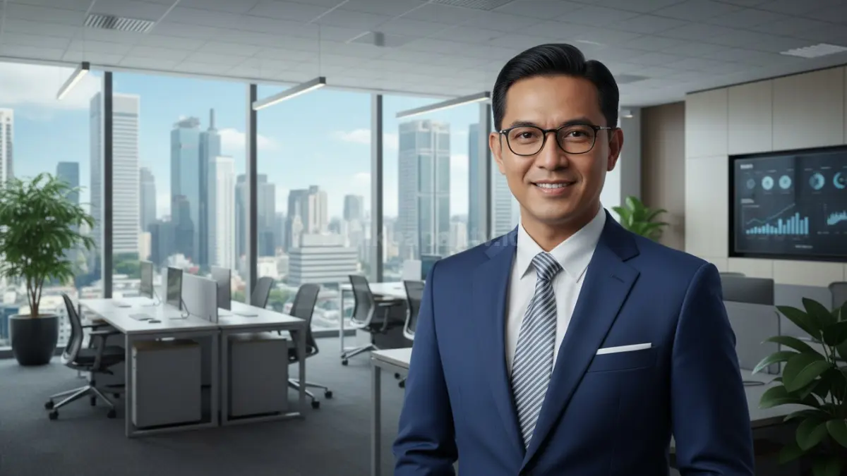Pria mengenakan jas dan kemeja kerja rapi di lingkungan kantor modern
