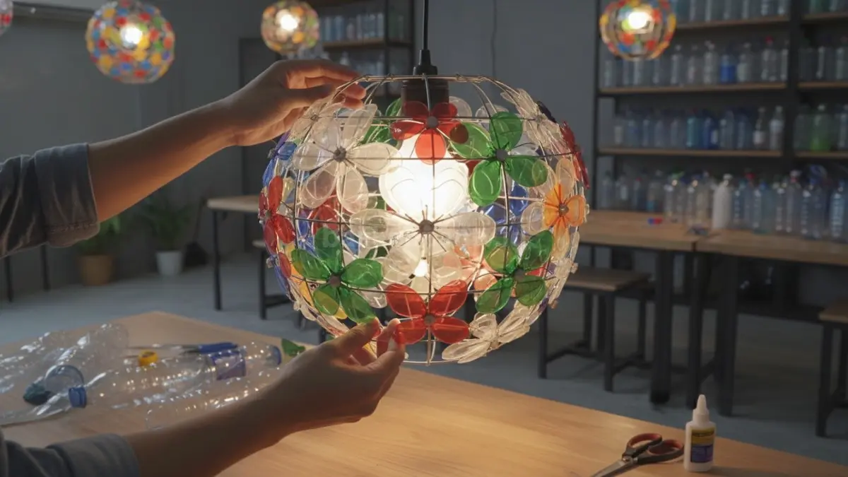 Proses merangkai botol plastik jadi kap lampu kreatif dengan pola bunga.