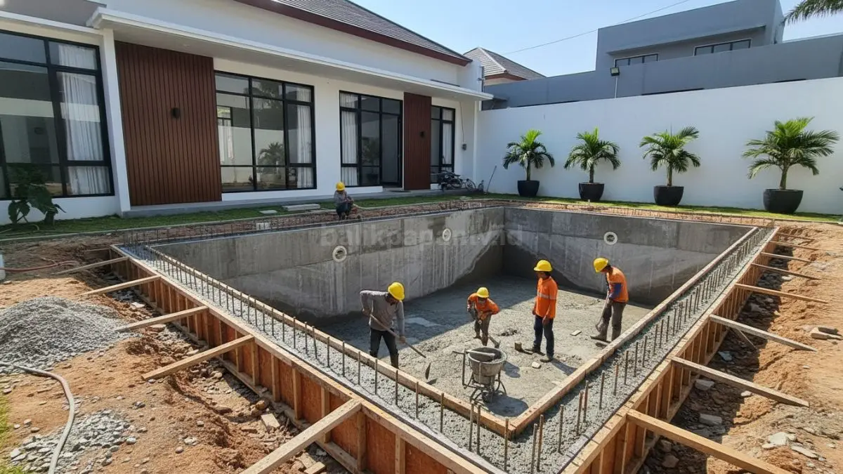 Proses pembangunan kolam dengan struktur beton bertulang
