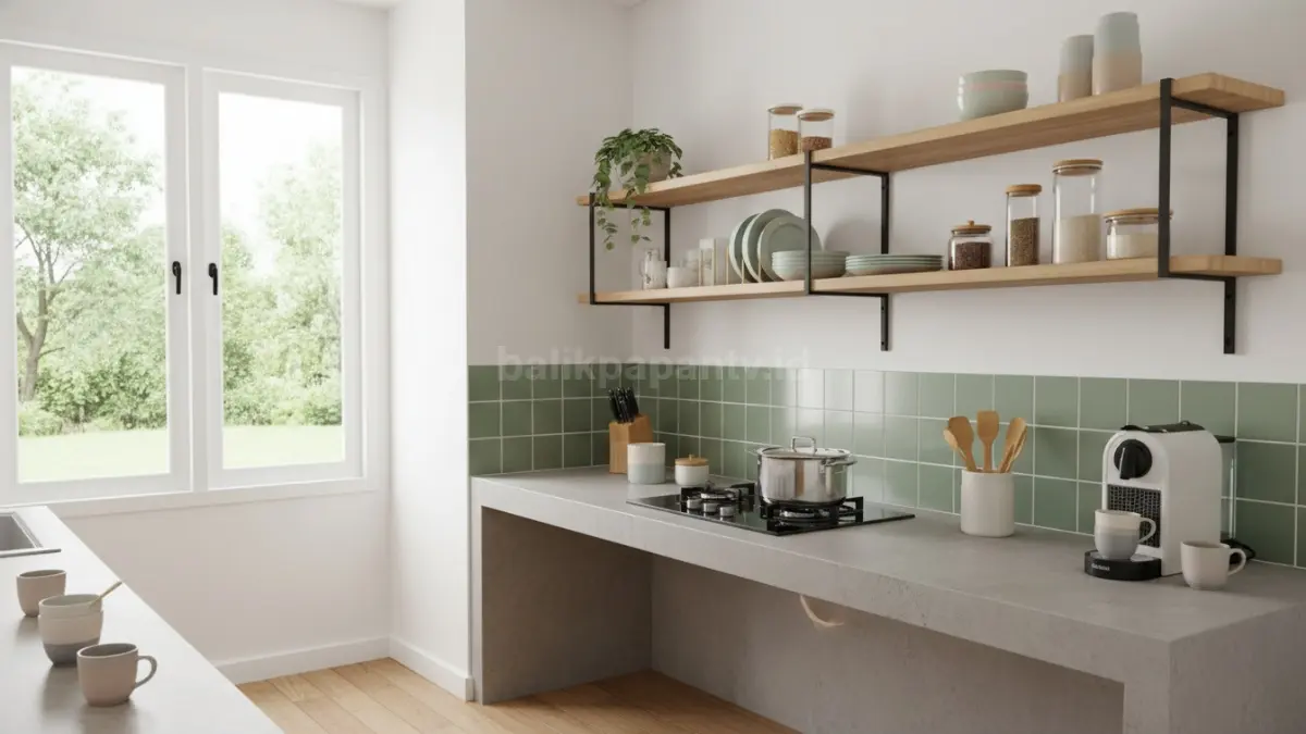 Rak dapur minimalis modern yang membuat dapur kecil terlihat rapi dan fungsional