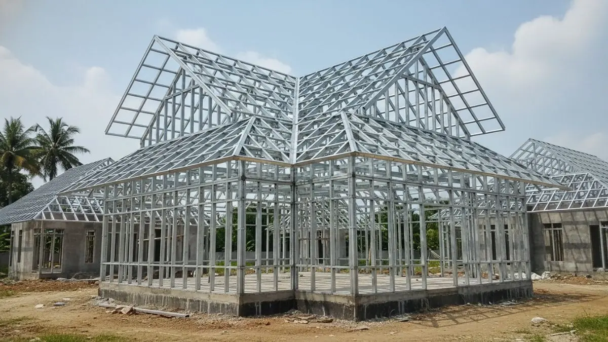 Rangka atap rumah menggunakan baja ringan berlapis galvalum yang terpasang rapi, memperlihatkan struktur ringan namun kuat di proyek pembangunan hunian modern.