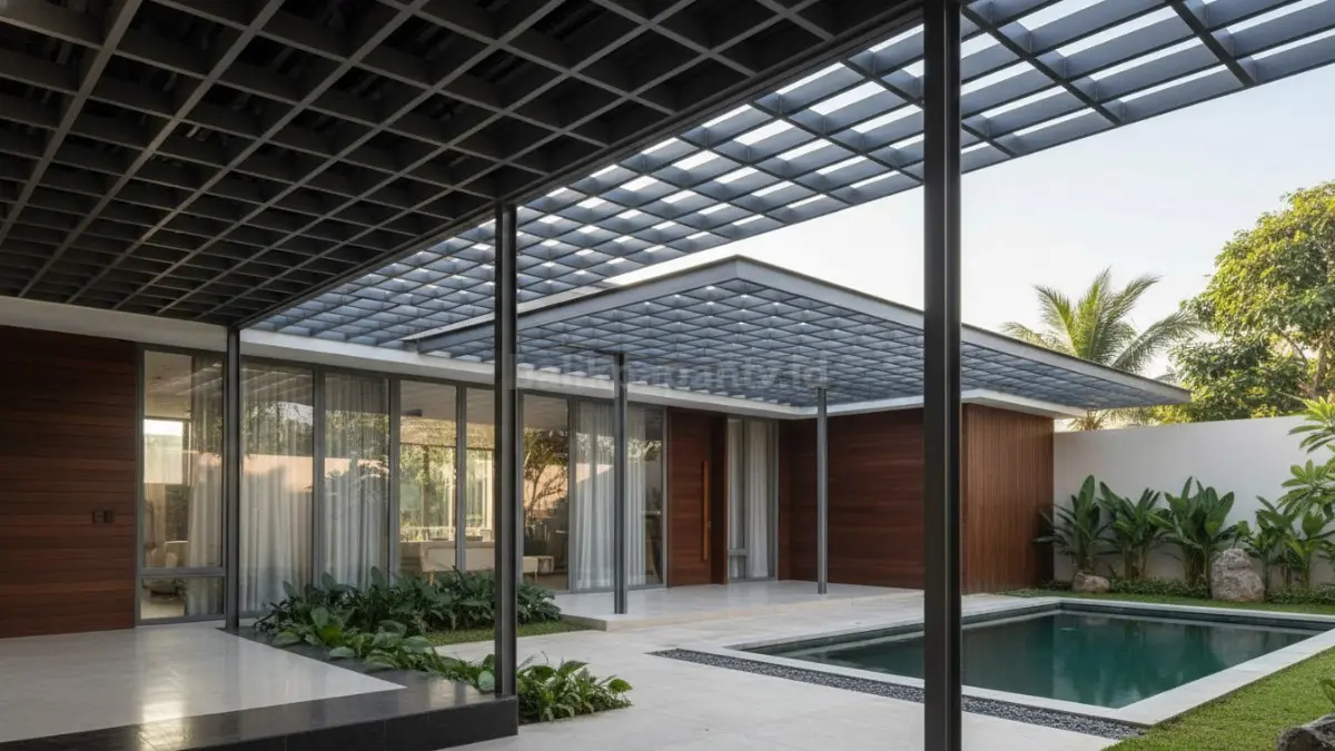 Rangka plafon dan kanopi rumah menggunakan baja hollow berbentuk kotak yang tersusun rapi, menunjukkan hasil konstruksi ringan dan presisi pada hunian modern.
