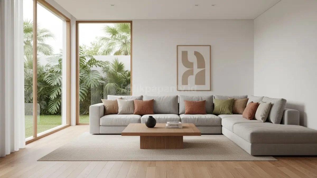 Ruang tamu dengan sofa dan bantal yang ditata proporsional terlihat luas
