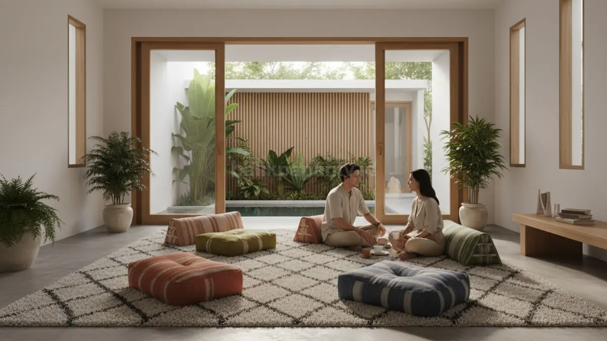 ruang tamu minimalis tanpa sofa dengan karpet tebal dan cushion estetik
