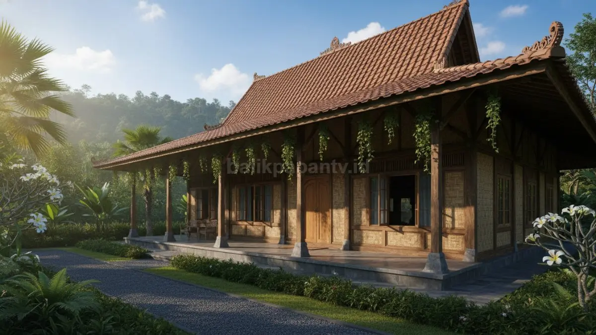 Rumah dengan teras lebar di bagian depan yang menahan sinar matahari langsung, terlihat bayangan menutupi dinding utama sehingga panas yang masuk ke dalam ruangan berkurang dan suasana tetap terasa lebih sejuk