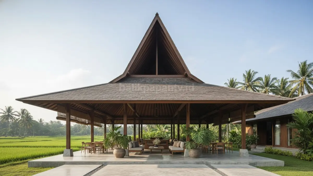 Rumah modern dengan atap joglo tinggi dan desain terbuka