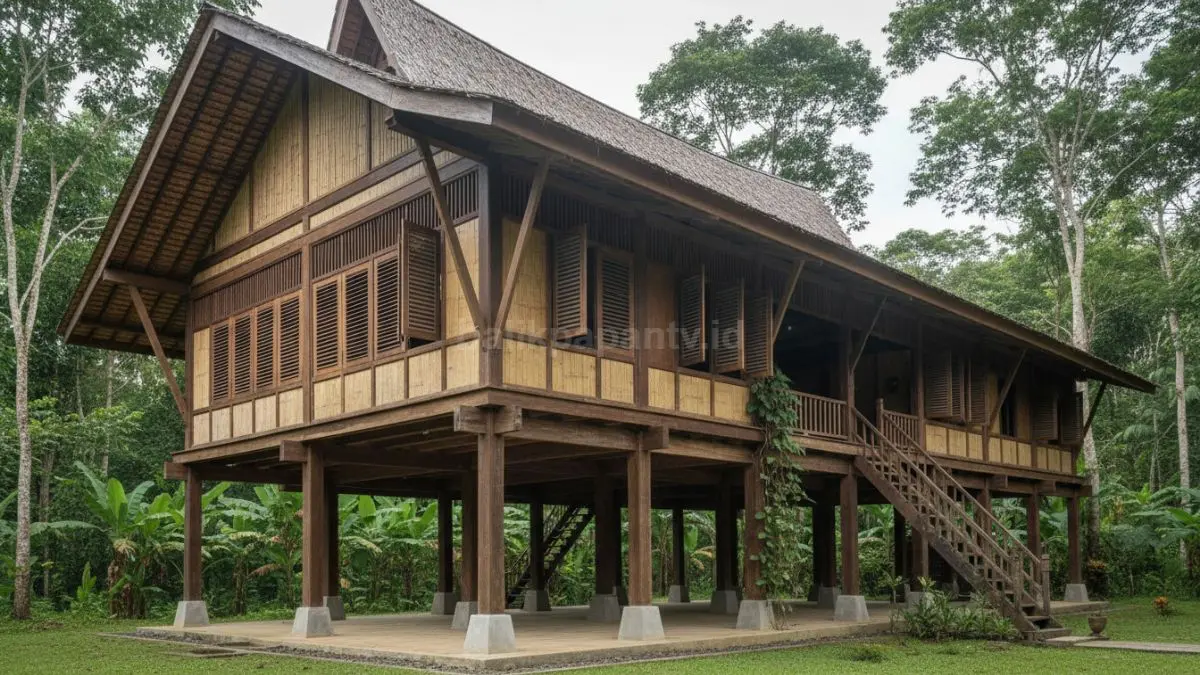 Rumah panggung tradisional Kalimantan dengan struktur terangkat dari tanah, terlihat kolong terbuka yang memperlancar sirkulasi udara alami sehingga bagian dalam rumah terasa lebih adem meski tanpa bantuan listrik