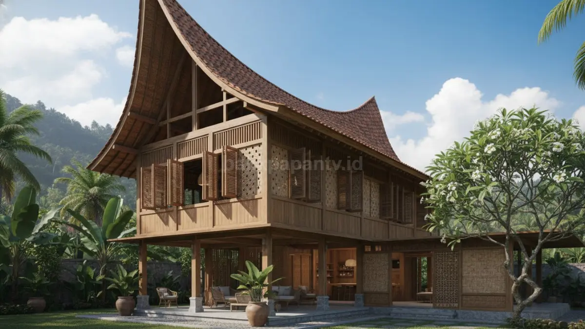 Rumah tradisional Indonesia dengan ventilasi terbuka dan atap tinggi, tampak adem di tengah cuaca panas tropis