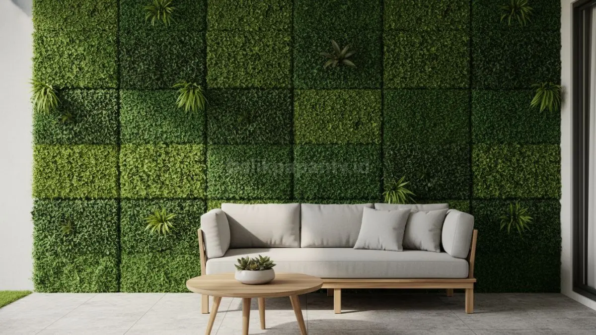 Rumput sintetis vertikal di dinding teras sebagai dekorasi
