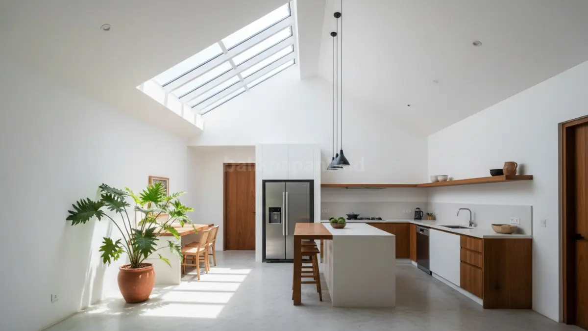 Skylight di dapur rumah minimalis membuat ruang lebih terang tanpa lampu siang hari