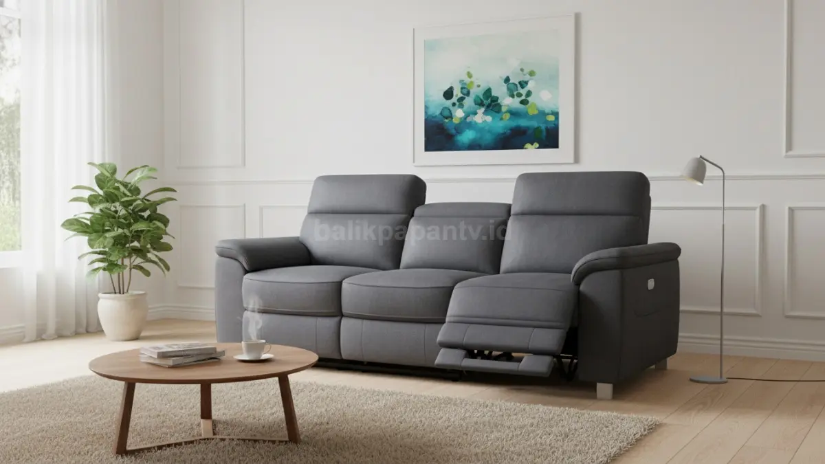 Sofa recliner modern di ruang tamu minimalis dengan pencahayaan hangat dan tampilan elegan