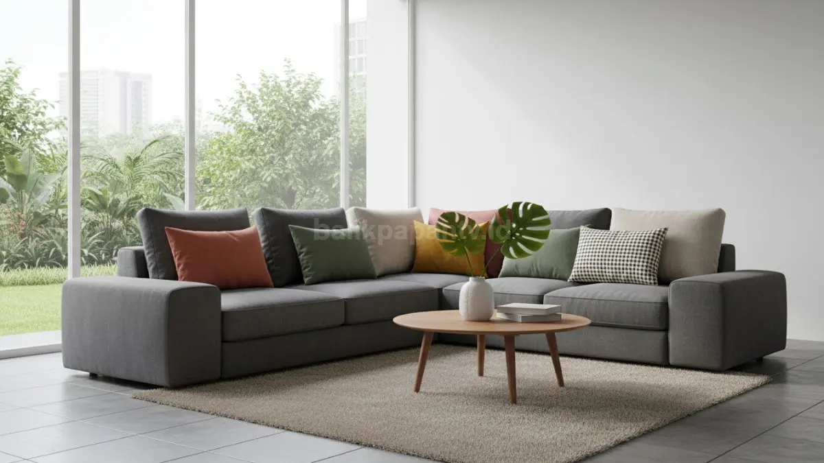 Sofa ruang tamu dengan bantal tersusun rapi dan kombinasi warna harmonis
