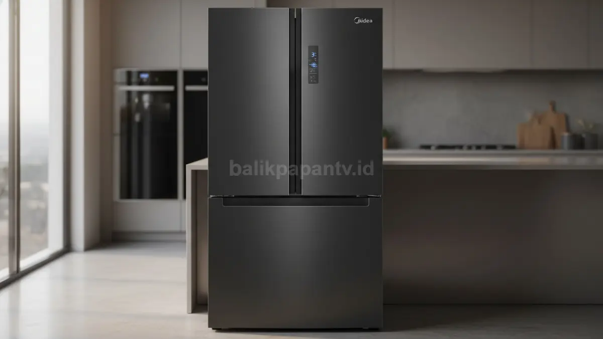 Tampilan depan kulkas Midea dengan panel kontrol digital.