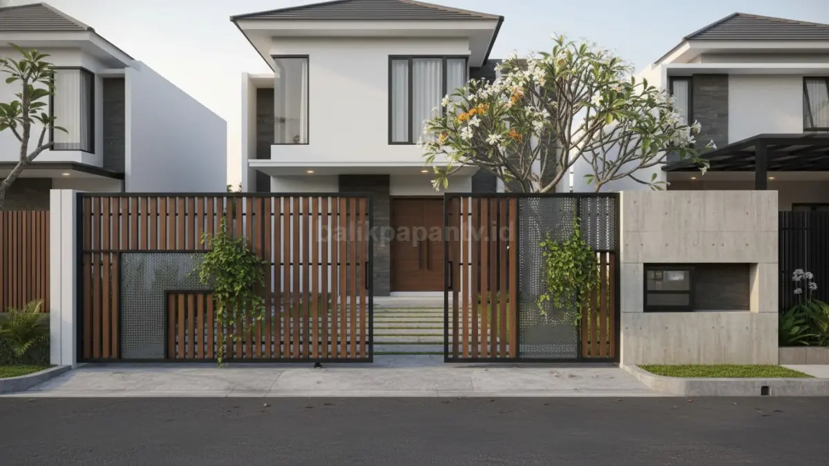 Tampilan pagar tembok modern minimalis dengan kombinasi besi dan beton yang estetik