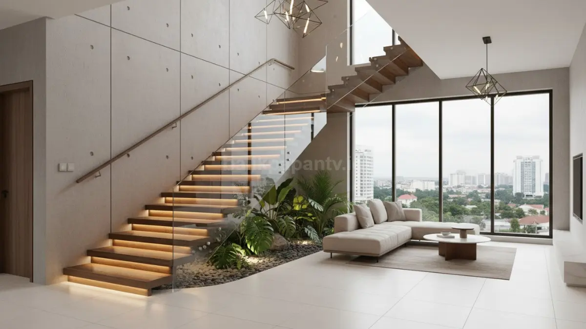 Tangga rumah mewah modern dengan desain melayang dan pencahayaan elegan