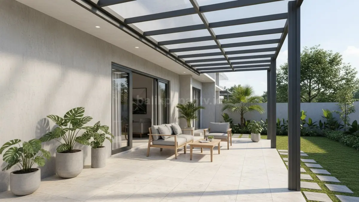 Teras rumah baja ringan modern dengan atap transparan yang terlihat terang dan elegan
