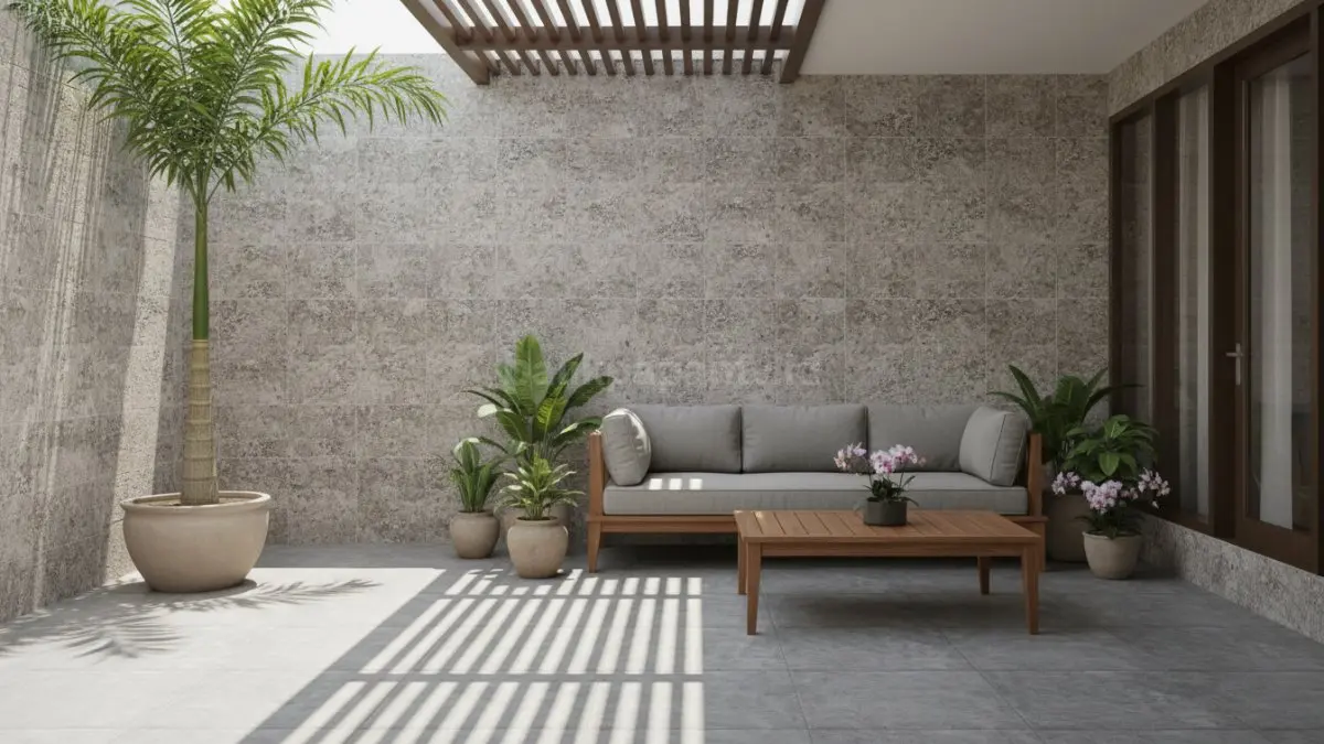 Teras rumah modern dengan dinding keramik motif batu tampil rapi dan tahan cuaca
