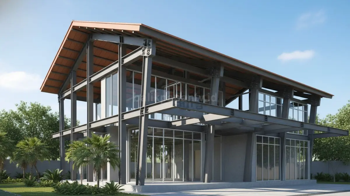 Visual rangka rumah modern menggunakan struktur baja terlihat kokoh dengan kombinasi desain minimalis