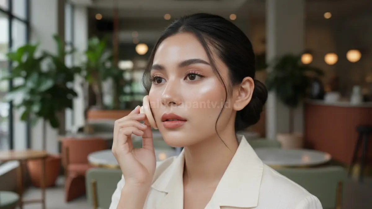 Wanita menggunakan cushion dengan hasil makeup natural dan glowing