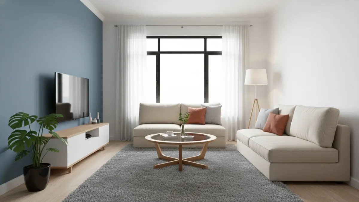 Contoh penataan karpet ruang tamu kecil dengan posisi furnitur yang proporsional
