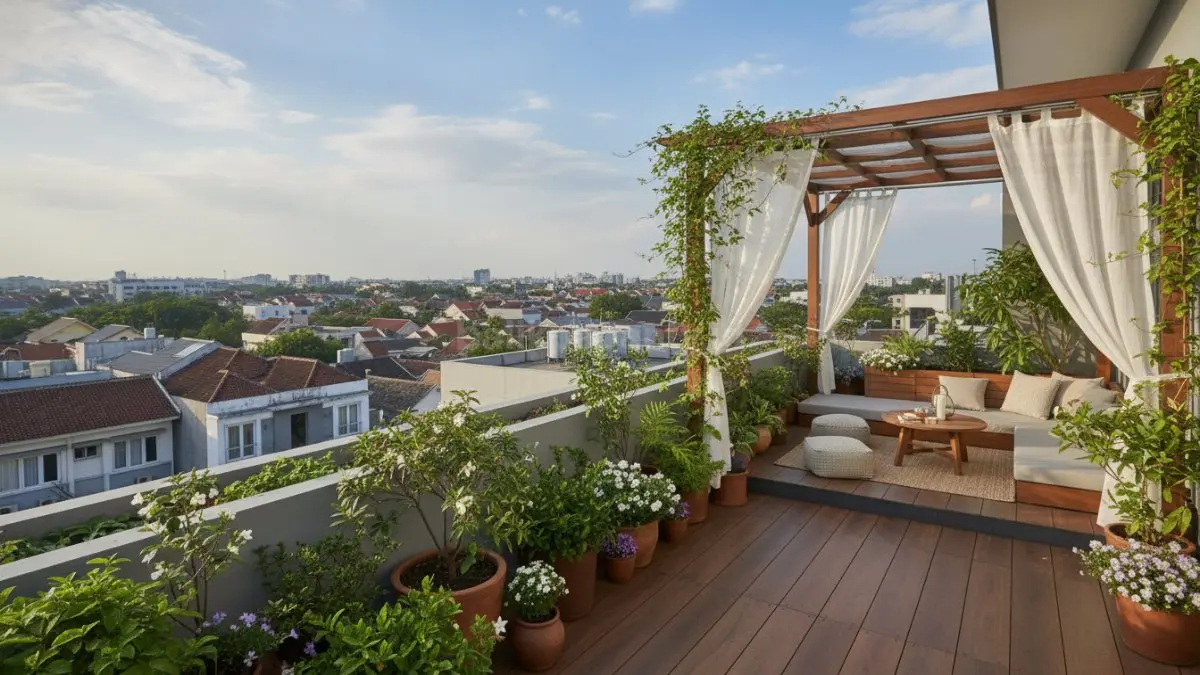 Ilustrasi rooftop garden di kota dengan suhu panas tinggi