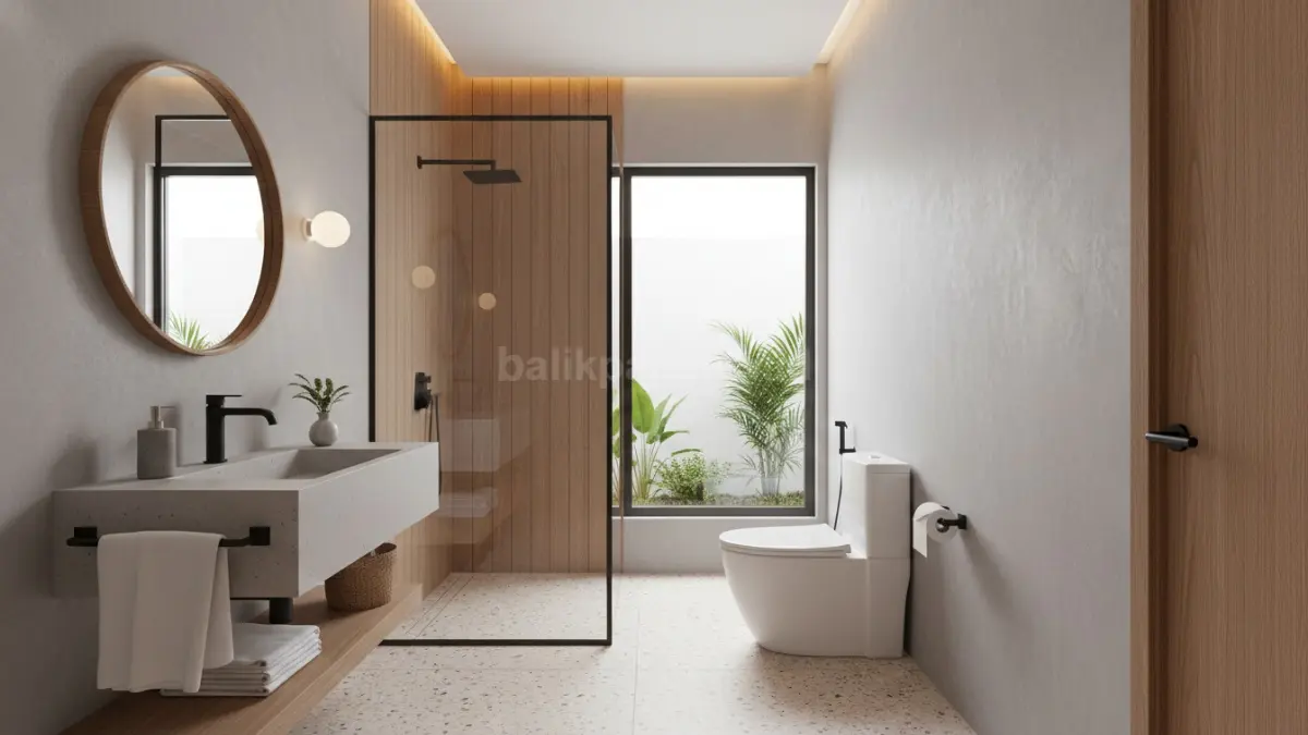 Kamar mandi minimalis dengan aksesoris rapi dan desain modern yang bersih