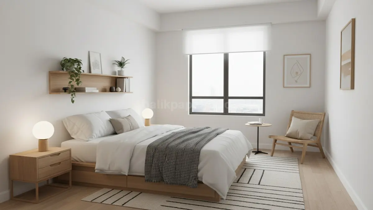 kamar tidur sederhana modern dengan pencahayaan hangat dan desain minimalis