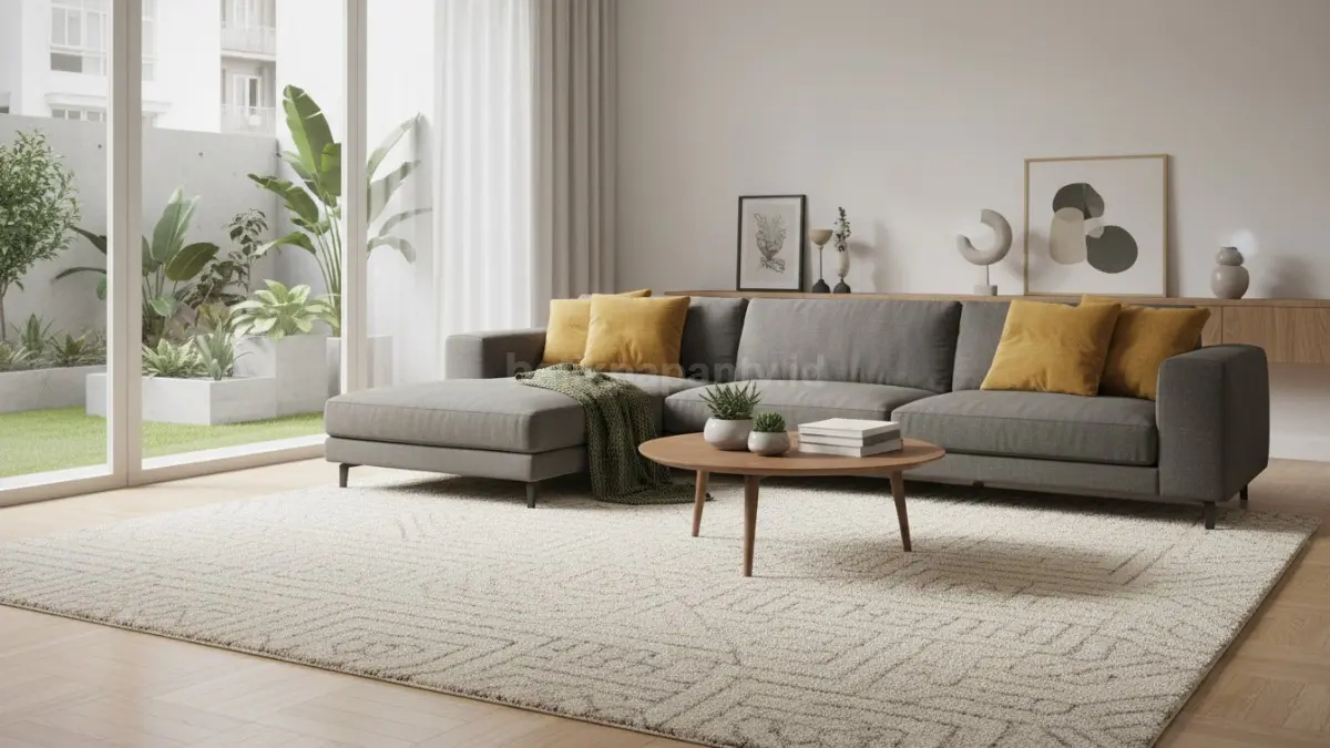 Karpet ruang tamu modern tertata rapi menyatu dengan sofa minimalis, terlihat hangat dan nyaman
