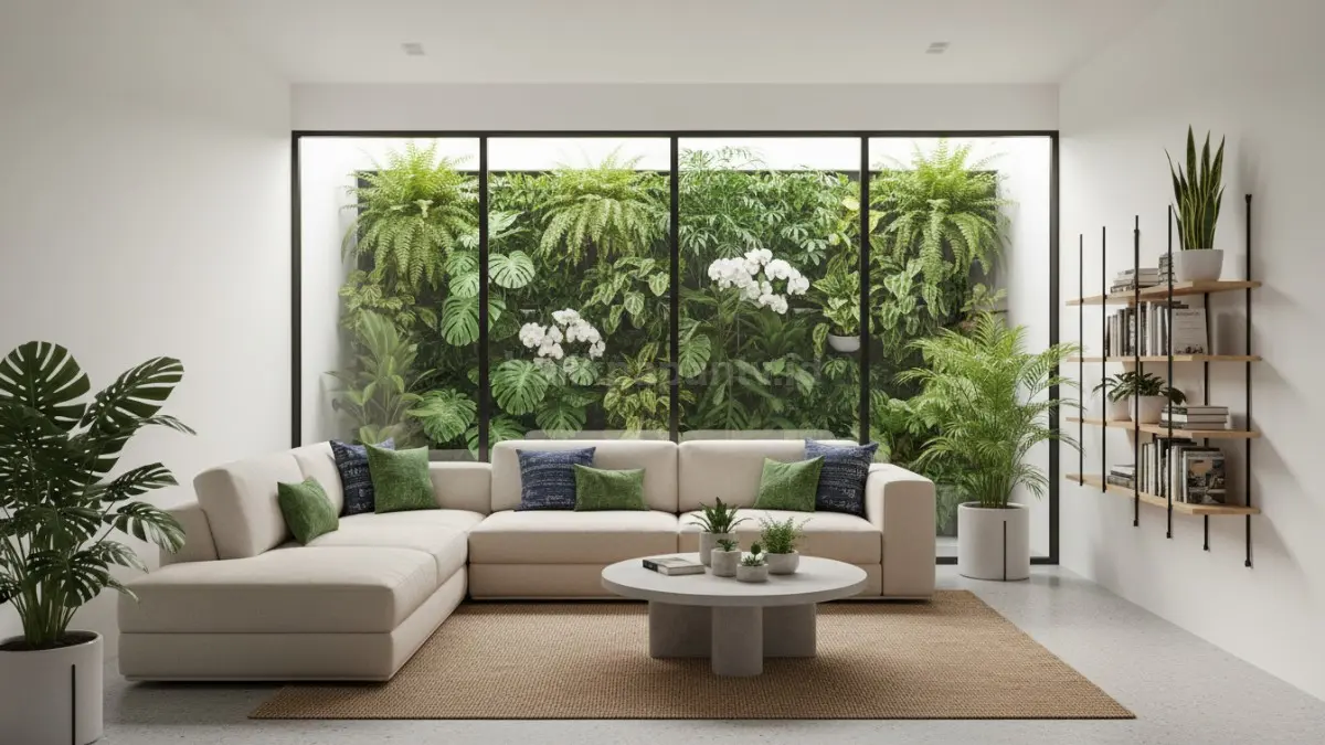 konsep biophilic pada ruang tamu minimalis
