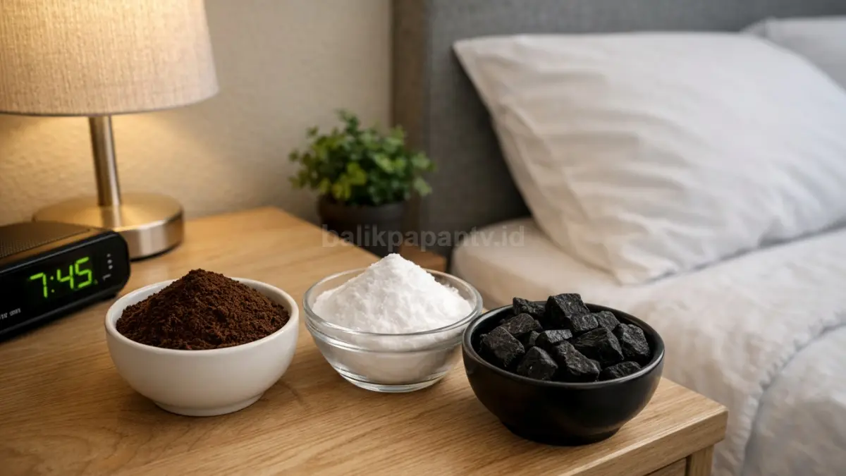 Kopi bubuk, baking soda, dan arang aktif di kamar.