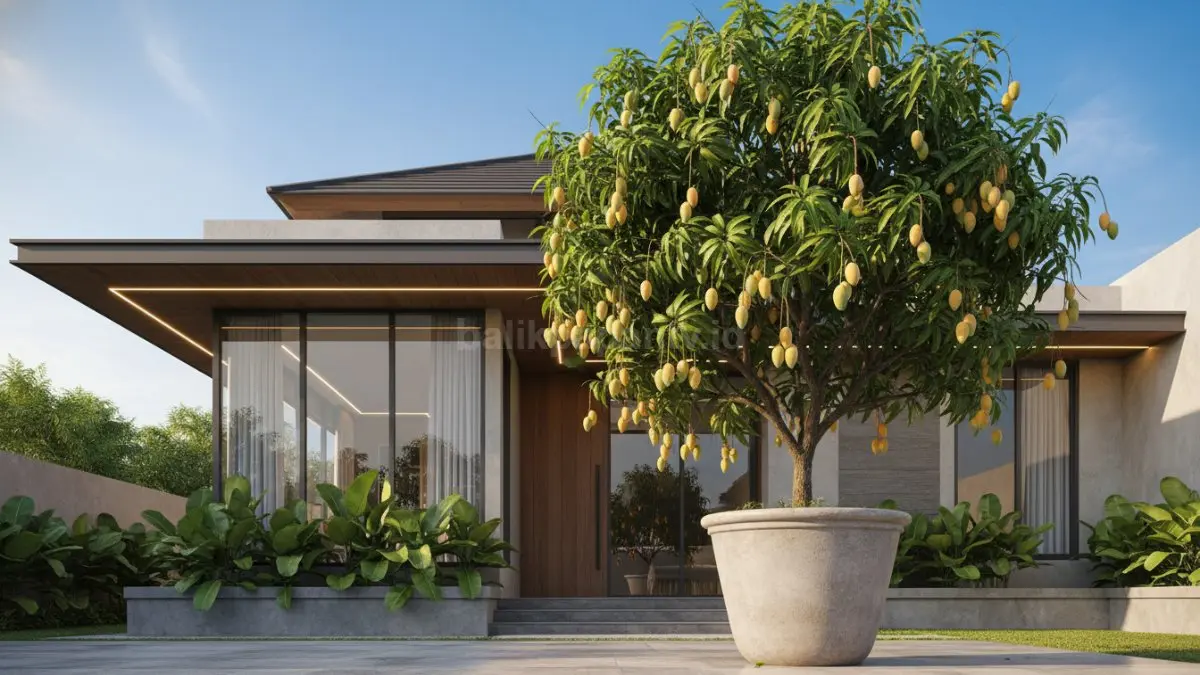 Mangga dalam pot besar (tabulampot).
