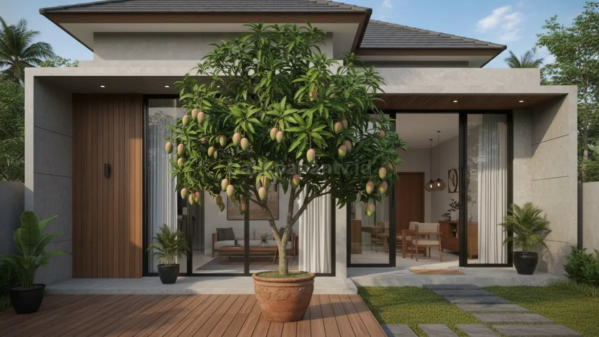 mangga tabulampot dengan daun rindang di depan rumah
